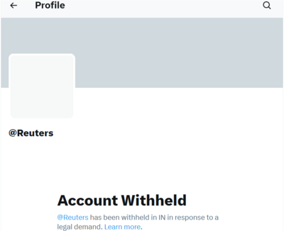 ‘Account withheld’: Reuters X handle blocked in India over ‘legal demand’; Musk-owned platform asked to explain | India News ‘Account withheld’: Reuters X handle blocked in India over ‘legal demand’; Musk-owned platform asked to explain | India News